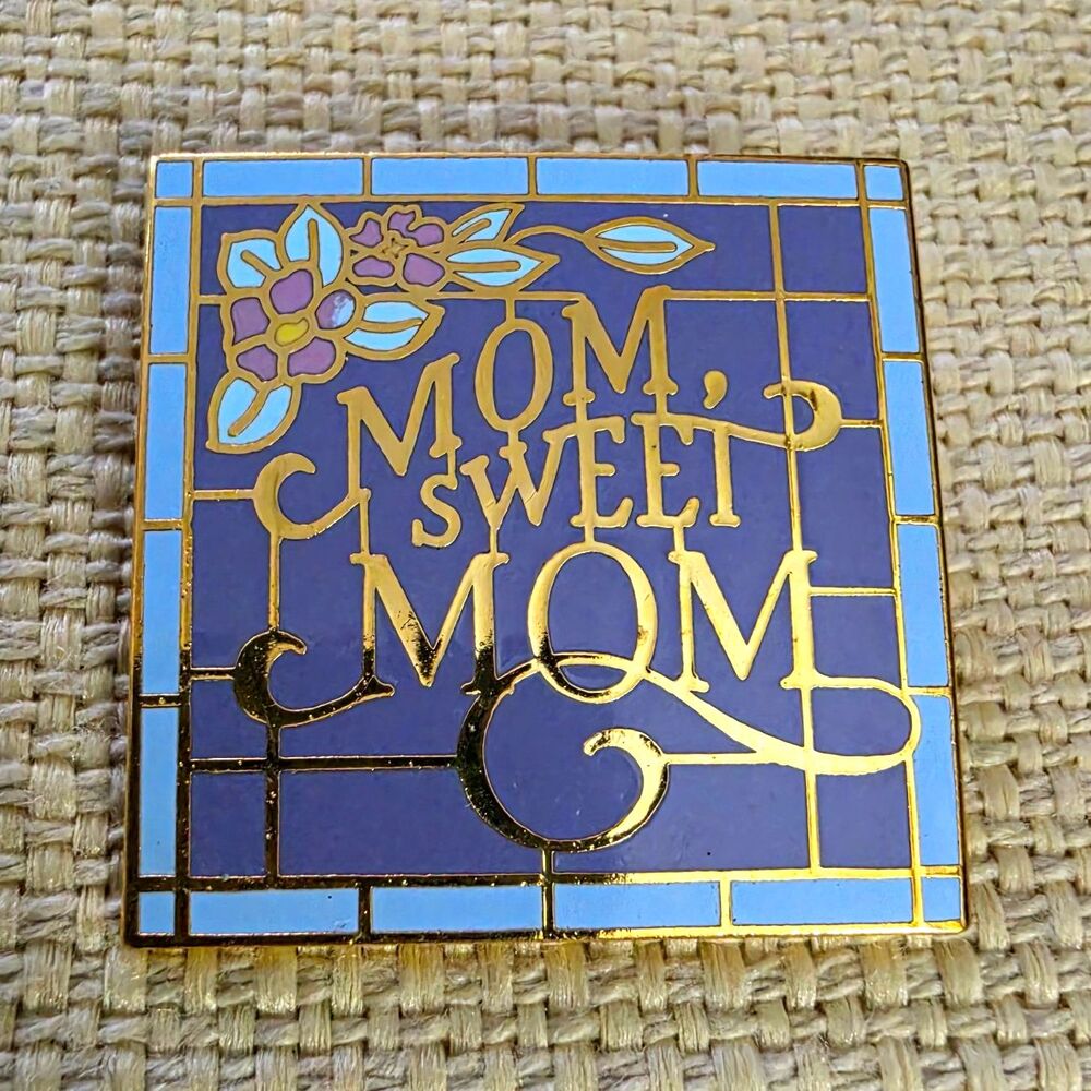 A.C.C. Taiwan "Mom Sweet Mom" Blue Gold Tone Enamel Square Signed Brooch Pin 2x2